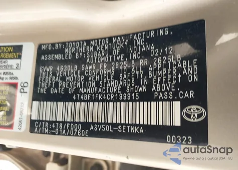 2012 Toyota Camry Le from USA, damaged, VIN 4T4BF1FK4CR199915
